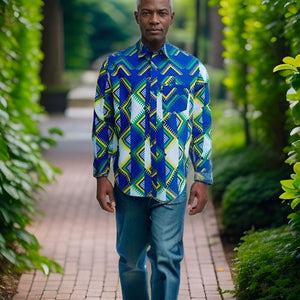 Men's Full Sleeve African Blue White Print Shirt