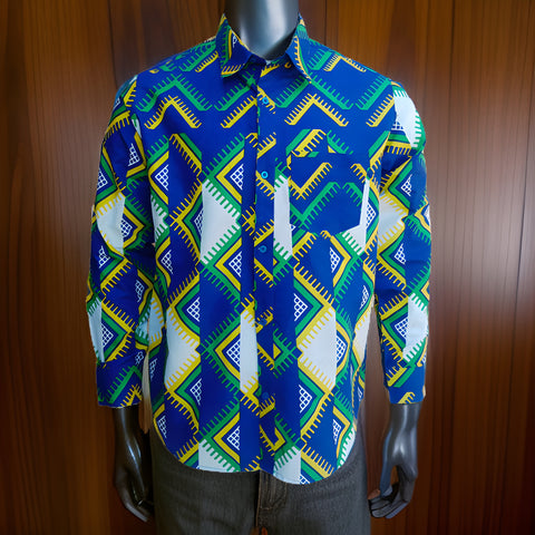 Men's Full Sleeve African Blue White Print Shirt - Premium African Apparel from MAGOS - Just $35! Shop this and more African Apparel now 