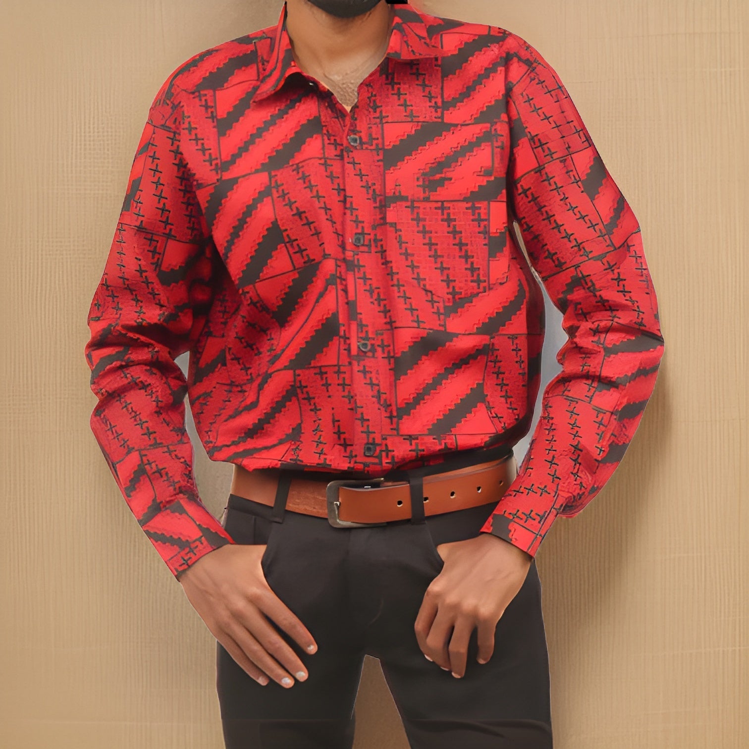 Men's Full Sleeve African Red/Black Print Shirt - Premium African Apparel from MAGOS - Just $40! Shop this and more African Apparel now 
