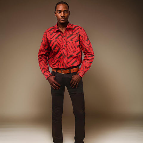 Men's Full Sleeve African Red/Black Print Shirt