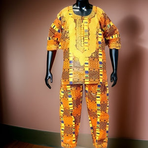 Men's Orange Kente Print Dashiki Pants Set - Premium African Apparel from MAGOS - Just $65! Shop this and more African Apparel now 