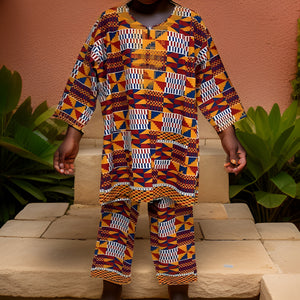 Men's Short Sleeve Embroidery Red/White/Blue/Gold Kente Dashiki Pant Set - Premium African Apparel from MAGOS - Just $60! Shop this and more African Apparel now 