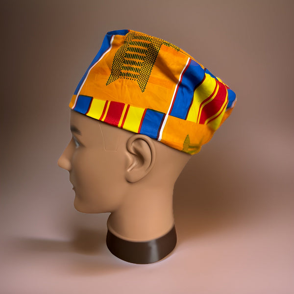 Orange/Yellow/Red/Blue Kente Print African Kufi Hat with Matching Mask - Premium African Accessories from MAGOS - Just $17.50! Shop this and more African Accessories now 