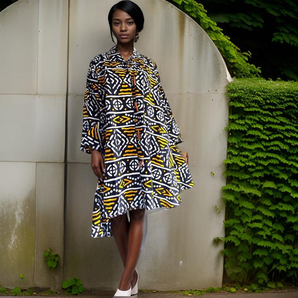 Authentic African Black/Yellow Print Big Button Tunic Dress