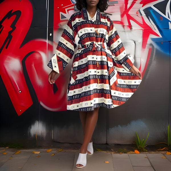 Authentic African Print Big Button Tribal/Cream Print Tunic Dress