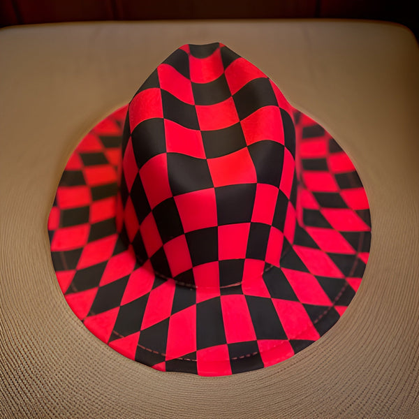 Red Checkered Tie Dye Wide Brim Felt Fedora Panama Hat - Premium Other Accessories from MAGOS - Just $24! Shop this and more Other Accessories now 