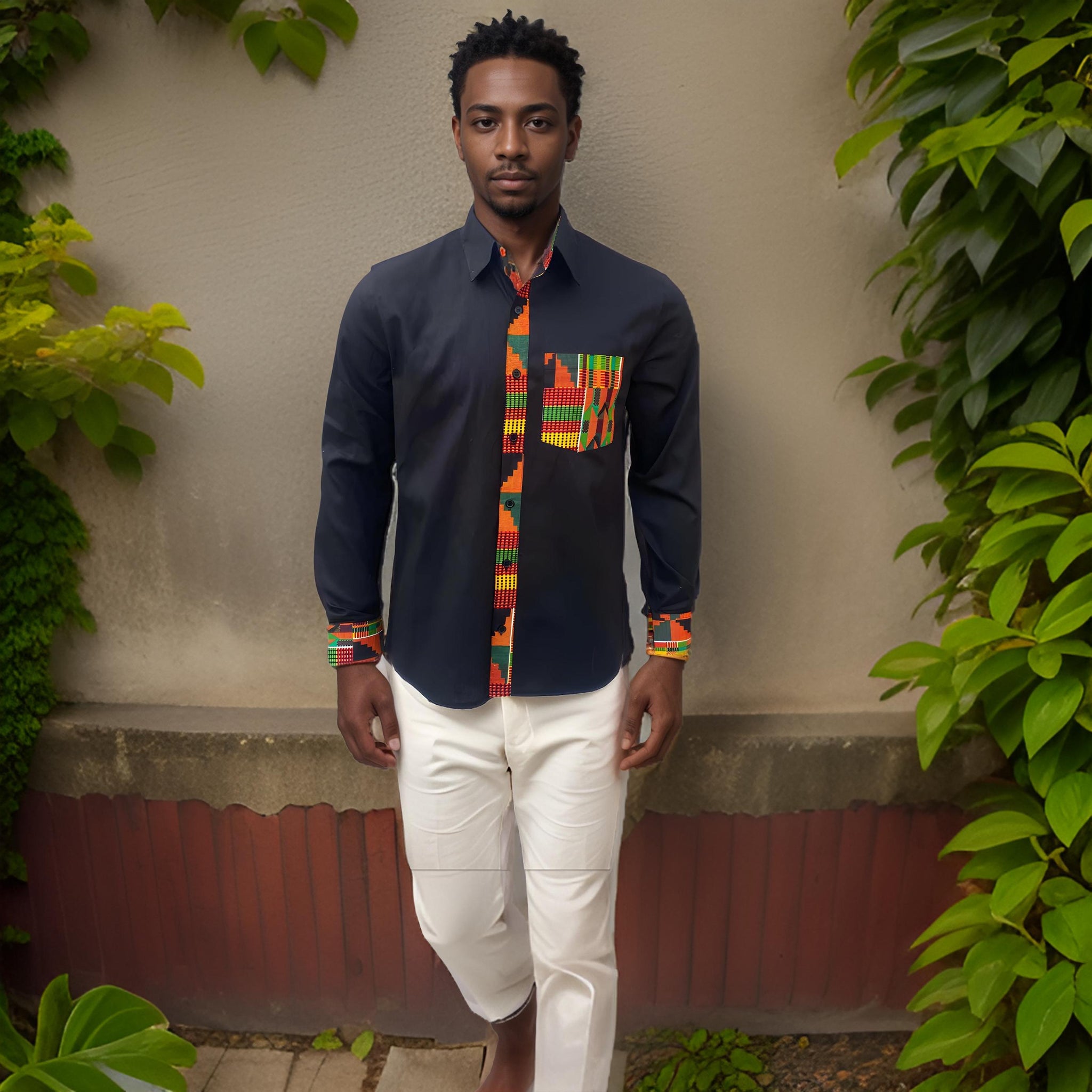 Men's African Black Kente Print Full Sleeve Shirt