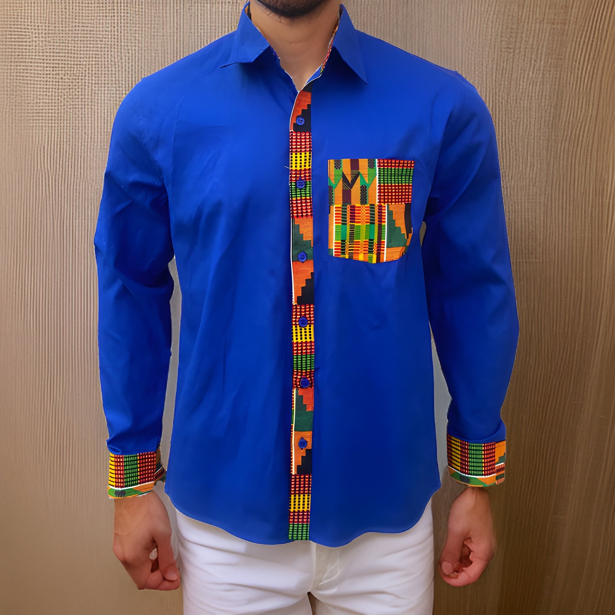Men's African Blue Kente Print Full Sleeve Shirt - Premium African Apparel from MAGOS - Just $37! Shop this and more African Apparel now 