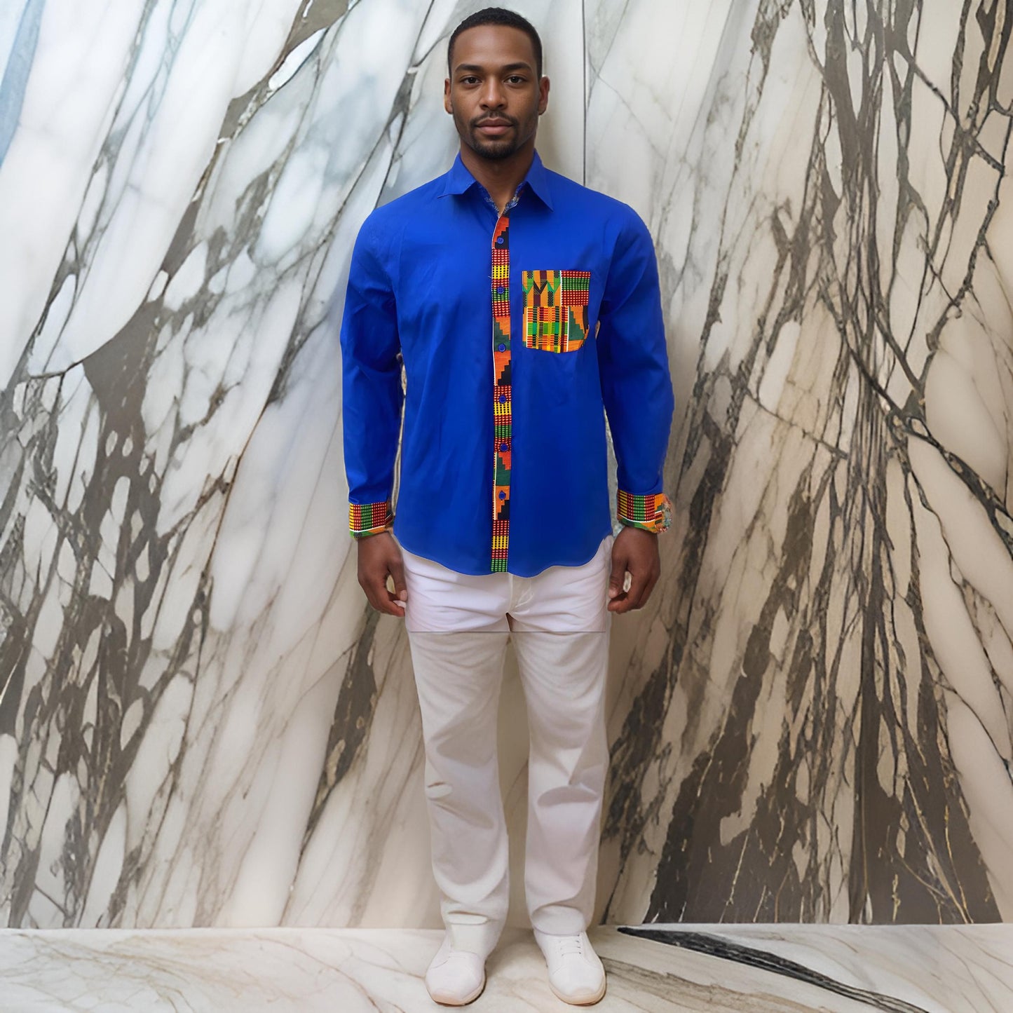 Men's African Blue Kente Print Full Sleeve Shirt