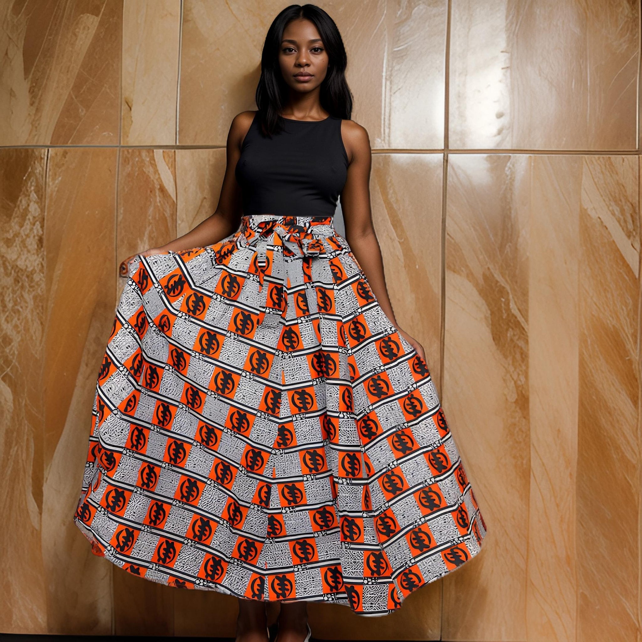 Authentic African Gye Nyame Print Long Maxie Skirt