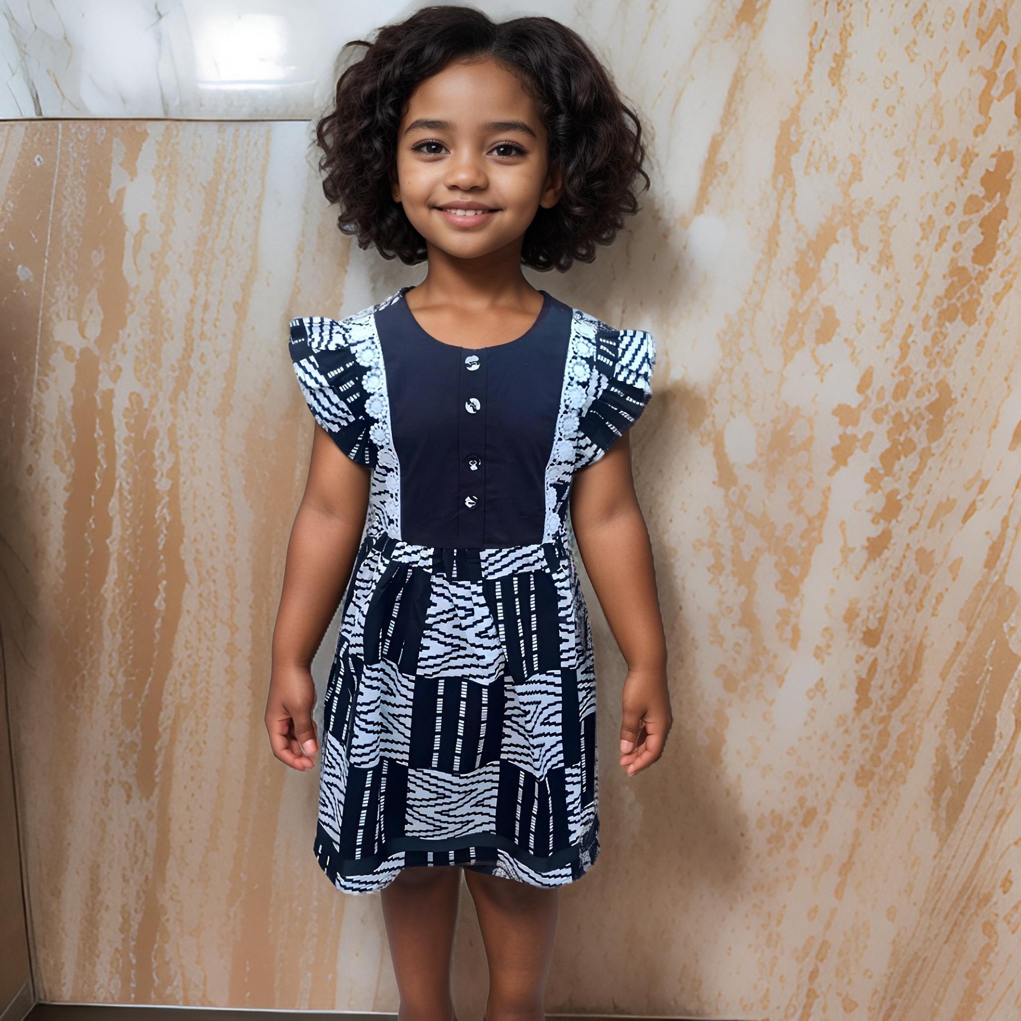 Girls Black/White African Print Dress (2T)