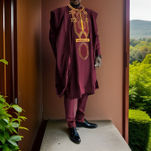 Men's African Red/Gold 3pc Grand Boubou Suit - Premium African Apparel from MAGOS - Just $112! Shop this and more African Apparel now 