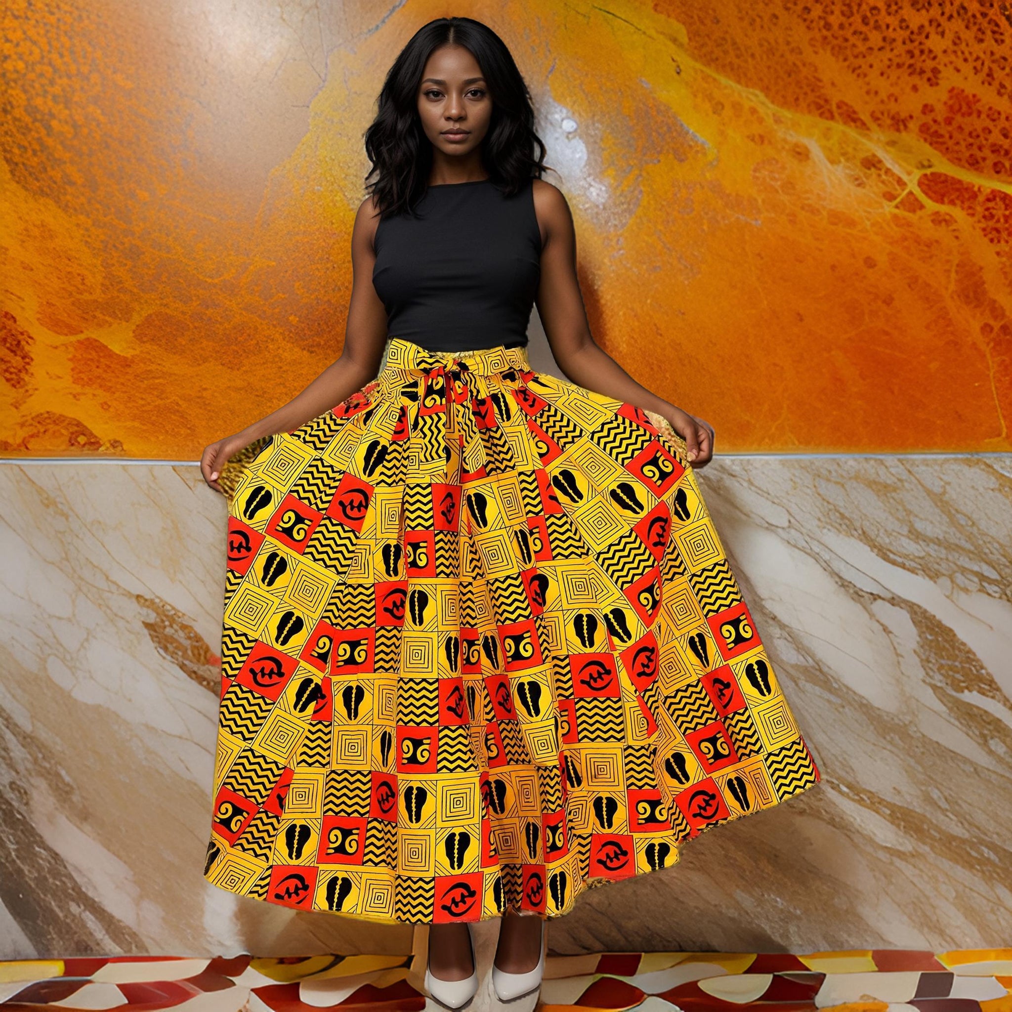 Authentic African Ankara Wax Tribal Print Skirt (Red/Gold)