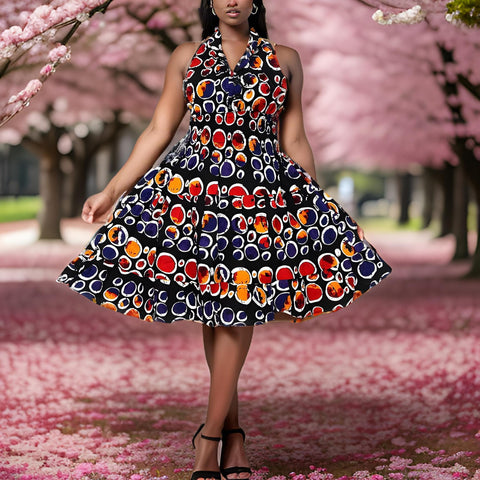 Authentic African Print Three Button Short Dress (Black/Multi-Color Circles) - Premium African Apparel from MAGOS - Just $45! Shop this and more African Apparel now 