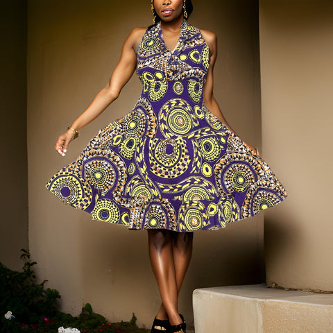 Authentic African Print Three Button Short Dress (Purple/Yellow) - Premium African Apparel from MAGOS - Just $45! Shop this and more African Apparel now 