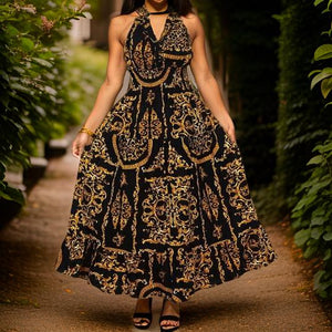 Authentic African Wax Print Three Button Long Dress (Black/Gold) - Premium African Apparel from MAGOS - Just $60! Shop this and more African Apparel now 