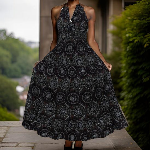 Authentic African Wax Print Three Button Long Dress (Black/White) - Premium African Apparel from MAGOS - Just $60! Shop this and more African Apparel now 