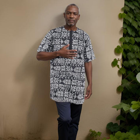 African Men's Black/White Short Sleeve Dashiki Shirt