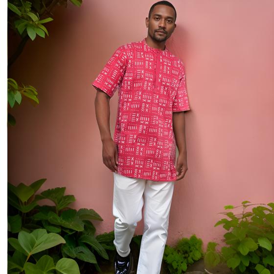 African Men's Red/White Short Sleeve Dashiki Shirt