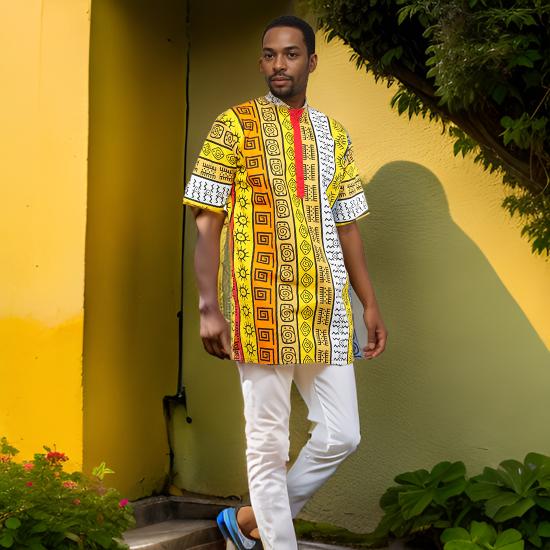 Men's African Multi.Color Tribal Print Short Sleeve Dashiki Shirt