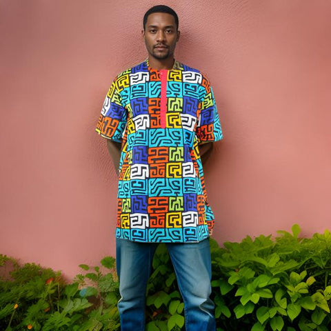 Men's African Multicolor Geometric Print Short Sleeve Dashiki Shirt