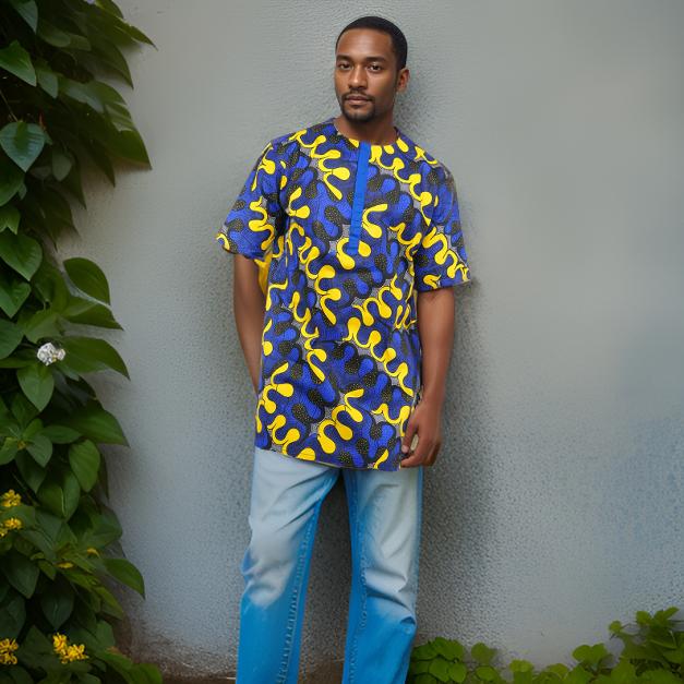 Men's African Multicolor Blue/Yellow Print Short Sleeve Dashiki Shirt