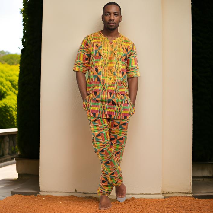 Men's African Orange Kente Style1 Print Embroidered Pants Set