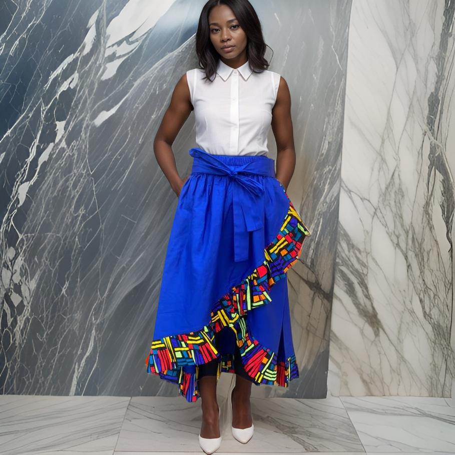 African Royal Blue Print High Low Ruffled Skirt