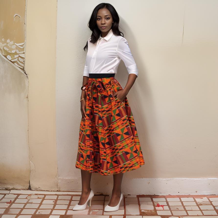 African Orange Kente Printed Midi Skirt