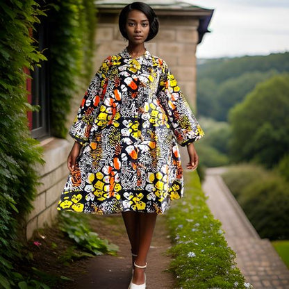 Authentic African Print Big Button Tunic Short Dress Blouse Top