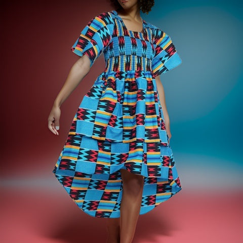 Tiered Turquoise Kente African Print Dress - Premium African Apparel from MAGOS - Just $45! Shop this and more African Apparel now 
