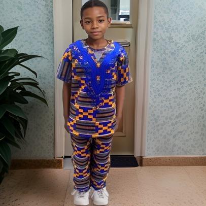 Boys African Print Embroidered Dashiki Pants Set (4T)