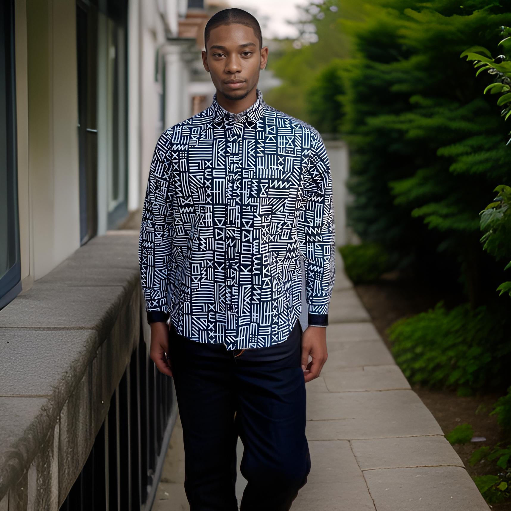 Men's Full Sleeve African Black/White Print Shirt