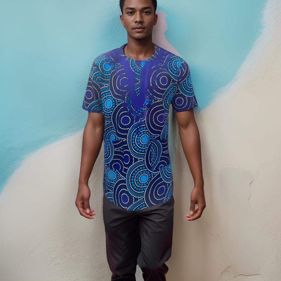 Men's Blue/Turquoise African Print Embroidered Dashiki Shirt