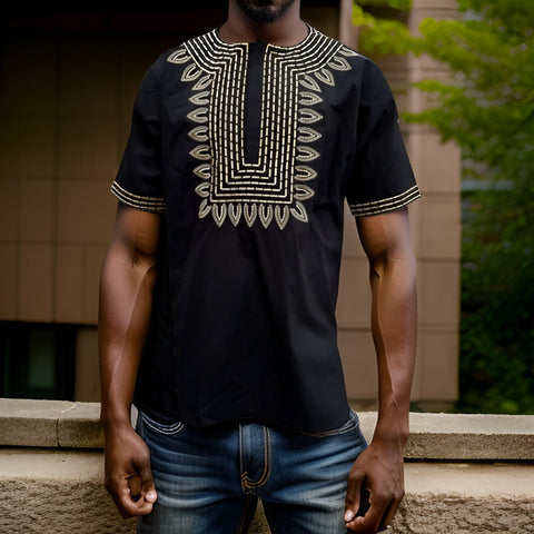 Men's T'Challa Black African Print Embroidered Dashiki Shirt - Premium African Apparel from MAGOS - Just $45! Shop this and more African Apparel now 