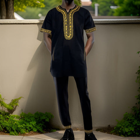 Youth Men 3pc African Black/Gold Embroidered Pants Set - Premium African Apparel from MAGOS - Just $60! Shop this and more African Apparel now 