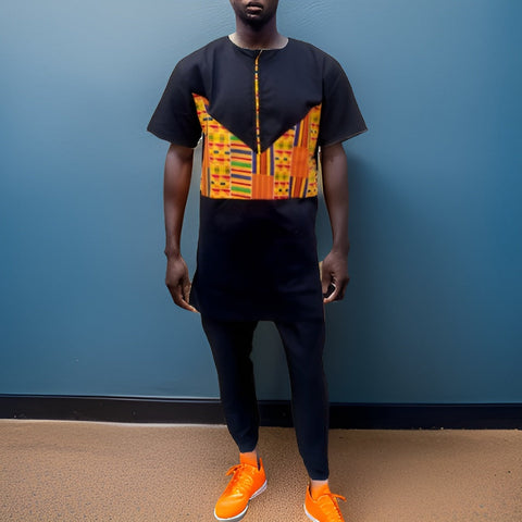 Men's African Trim Black/Orange Kente Top, Pants & Hat Set - Premium African Apparel from MAGOS - Just $65! Shop this and more African Apparel now 