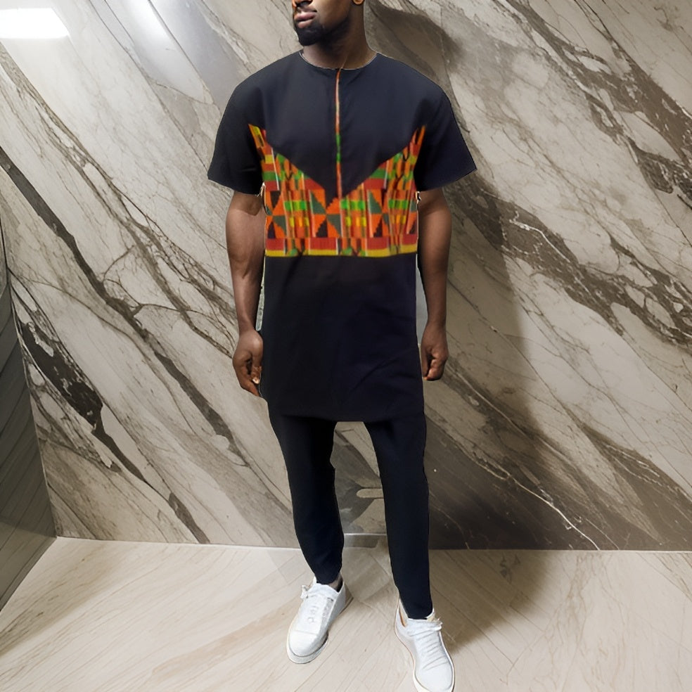 Men's African Trim Black/Kente Top, Pants & Hat Set - Premium African Apparel from MAGOS - Just $65! Shop this and more African Apparel now 