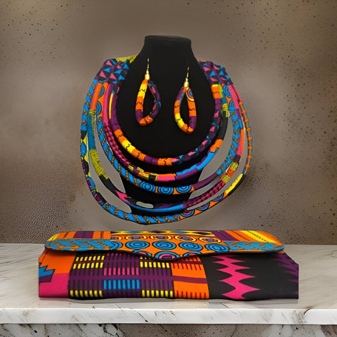 Ankara Purple Kente Necklace Set w/matching Clutch