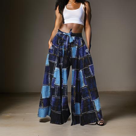 Denim Patch Print Palazzo Pants