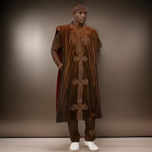 Men's African Brown Velvet 3pc Grand Boubou Suit