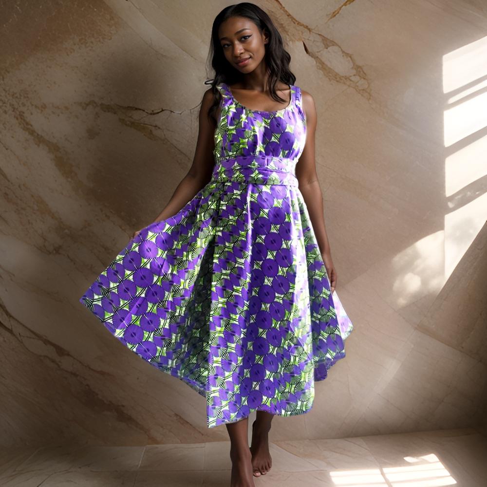 Purple/Green Print Thin Strap Sun Dress