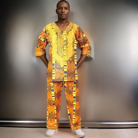 Men's Orange Kente Print Dashiki Pants Set