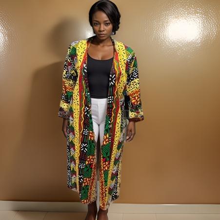 African Ankara Print Long Duster & Pants Set (Green/Yellow Multi-Print)