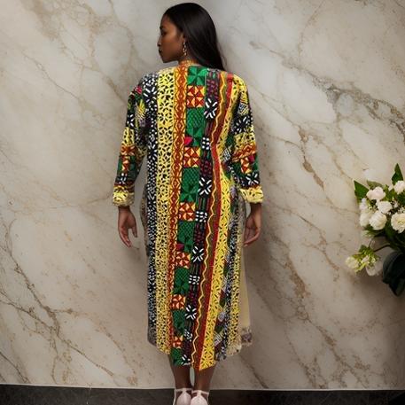 African Ankara Print Long Duster & Pants Set (Green/Yellow Multi-Print)