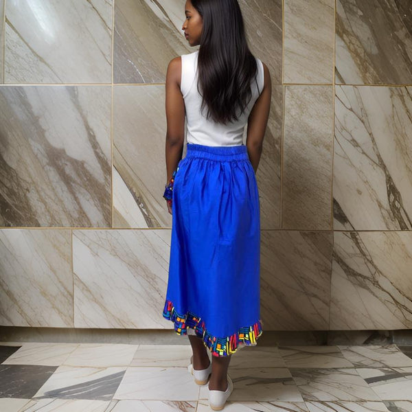 African Royal Blue Print High Low Ruffled Skirt