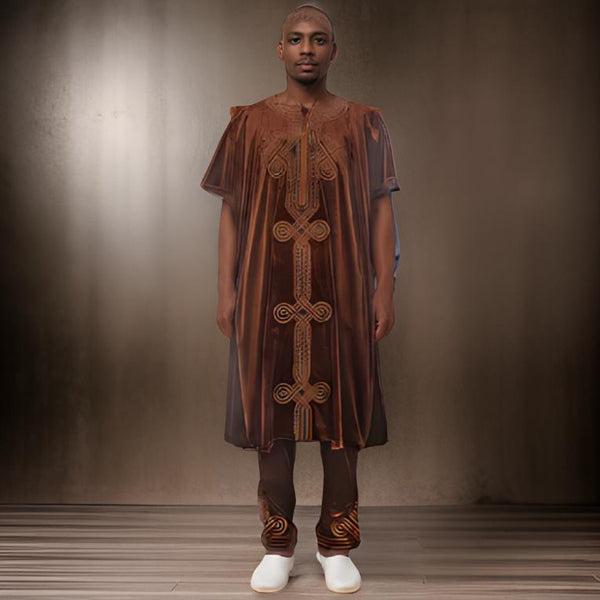 Men's African Brown Velvet 3pc Grand Boubou Suit