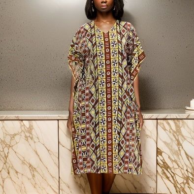 Women African Tribal Print Brown Kaftan Dress - Premium African Apparel from MAGOS - Just $19.99! Shop this and more African Apparel now 