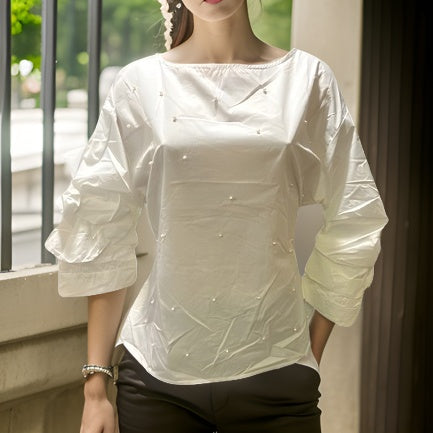 Women Ruffled Sleeve White Beaded Top - Premium African Apparel from MAGOS - Just $20! Shop this and more African Apparel now 