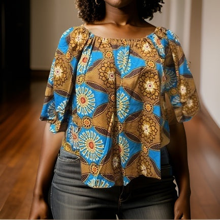 Women's Off Shoulder Ankara African Brown Print Blouse - Premium African Apparel from MAGOS - Just $22! Shop this and more African Apparel now 